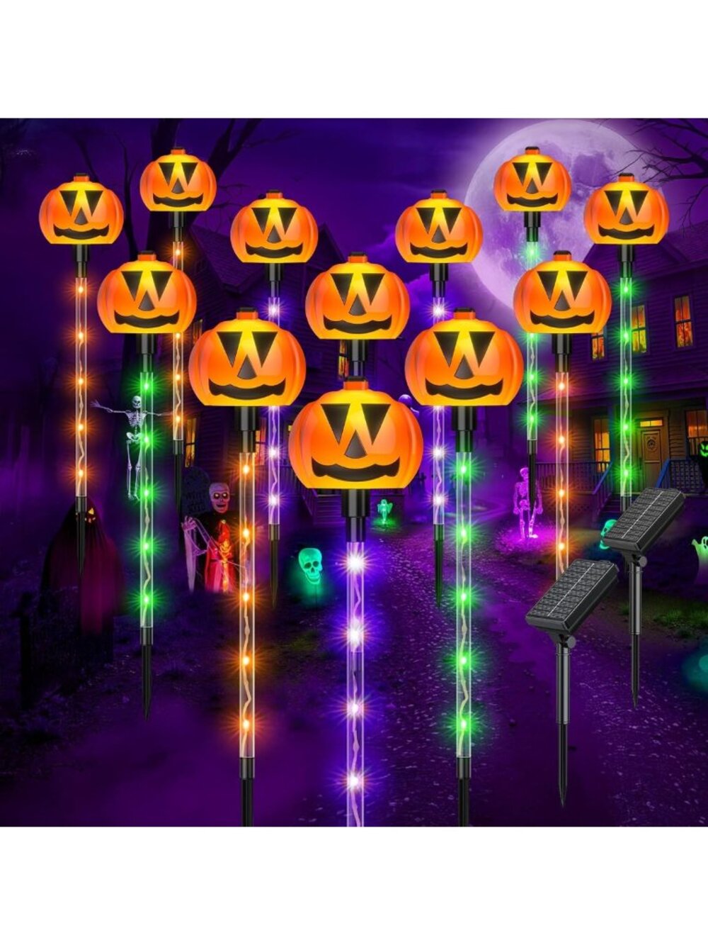12 Pack Solar Pumpkin Pathway Lights - Halloween Outdoor Decorations for Yard